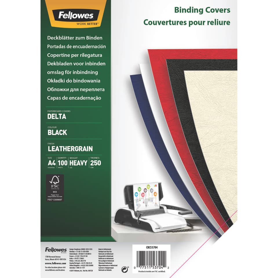 Präsentationsdeckblatt Delta, Karton, Lederstruktur, 250 g/qm, schwarz, 100 Stück FELLOWES 5370405 FELLOWES FW5370405 100ST 250g