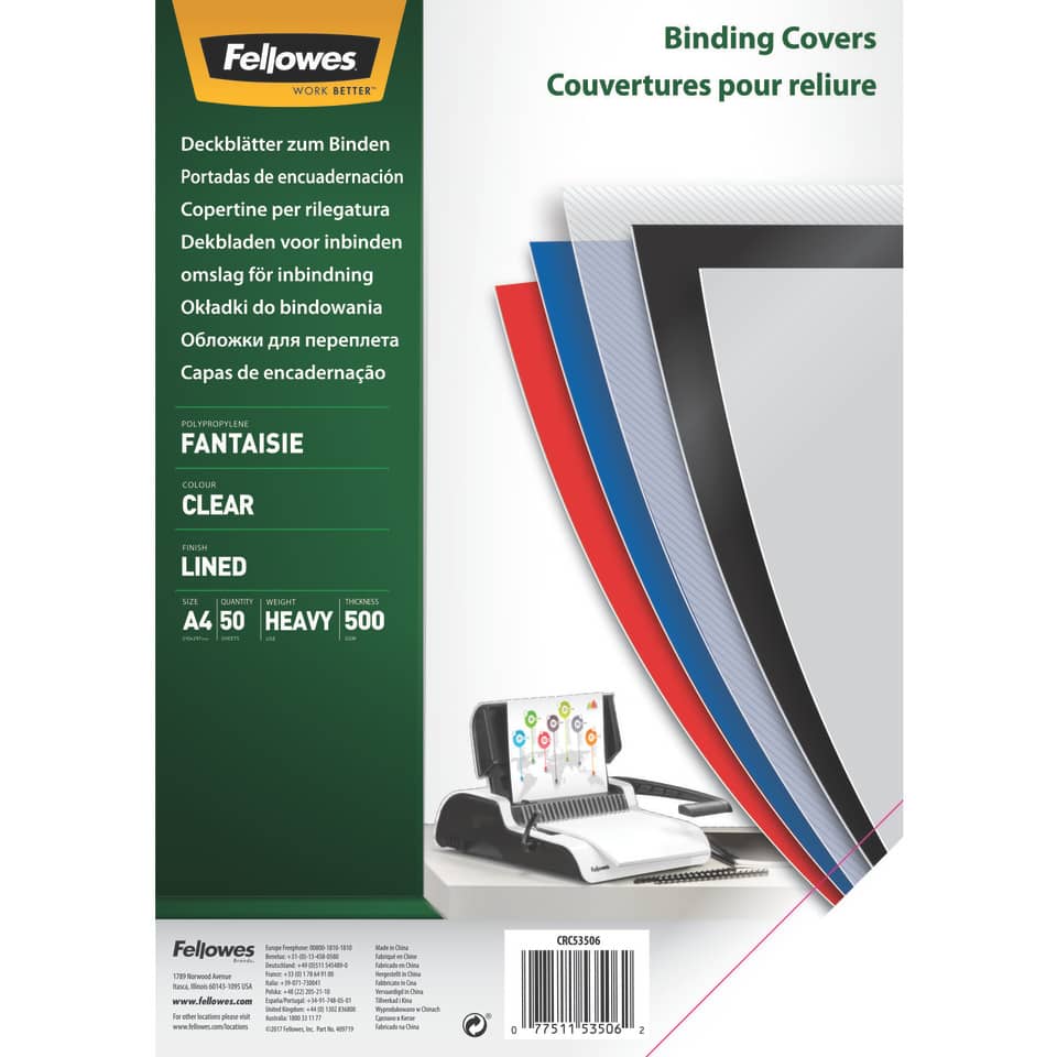 Einbanddeckel Fantaisie, PP, 500 µm, transparent, Linienmuster, 50 Stück FELLOWES 5350601