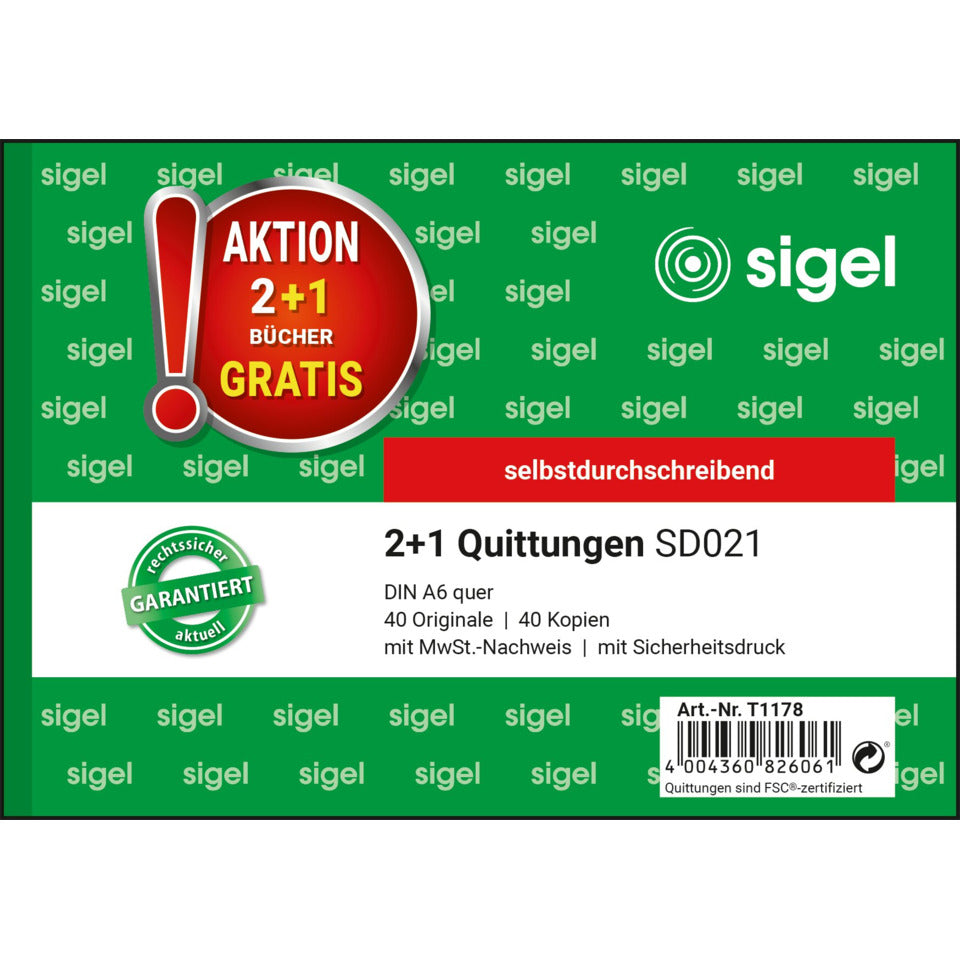Kassen-Quittung, A6, 2x40 Blatt, 3 Stück SIGEL T1178 SIGEL T1178 2+1 (gratis) Aktion