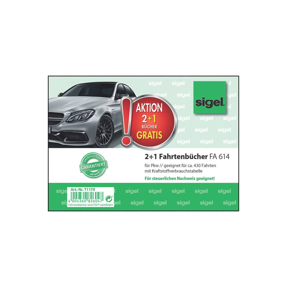 Fahrtenbuch PKW, A6, 40 Blatt, 3 Stück SIGEL T1179 SIGEL T1179 2+1 (gratis) Aktion
