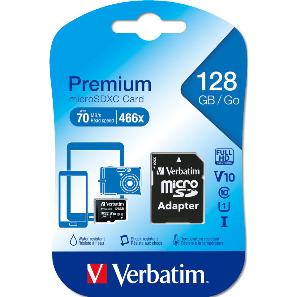 Speicherkarte microSDHC, 128 GB, schwarz VERBATIM 44085 VERBATIM 44085 Premium Class 10