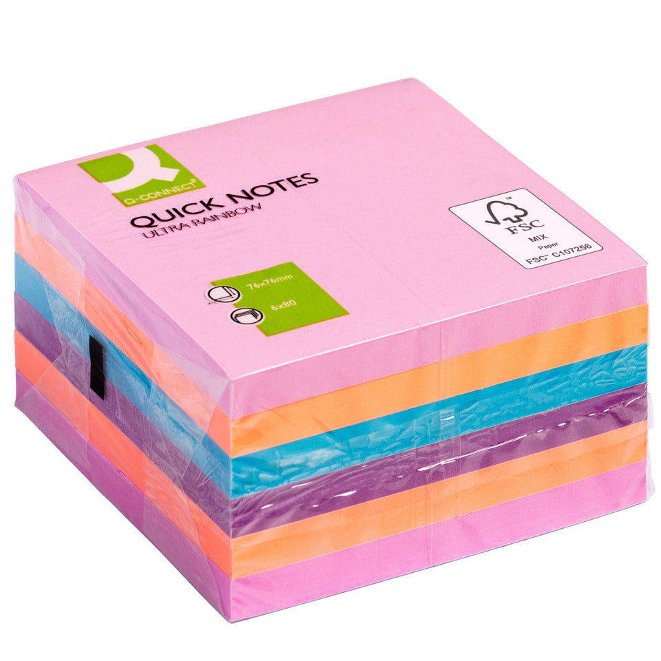 Haftnotizblock Ouick Notes, 80 Blatt, 6 Stück, 76x76mm, Ultrafarben sortiert Q-CONNECT KF02515 Q-CONNECT KF02515 76x76 mm