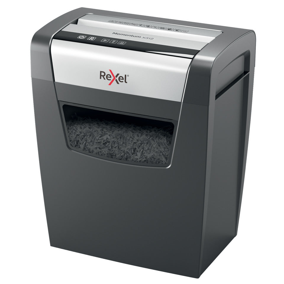 Aktenvernichter Momentum X312, Partikelschnitt 5x42mm, P3, 12 Blatt, schwarz REXEL 2104572EU REXEL 2104572EU  5x42 Partikel  P-3
