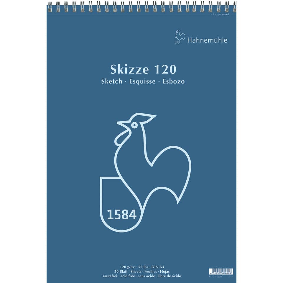 Skizzenblock, A3, 120g/m², 50 Blatt, hellweiß HAHNEMÜHLE 60 120 269 HAHNEMÜHLE 60120269 Spirale