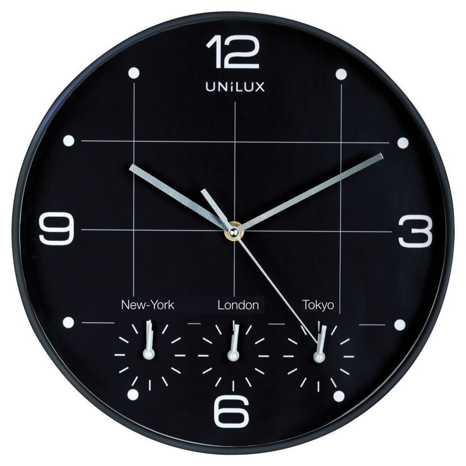 Wanduhr ON TIME schwarz für 4 Zeitzonen Ø 30,5 cm UNILUX 400094567