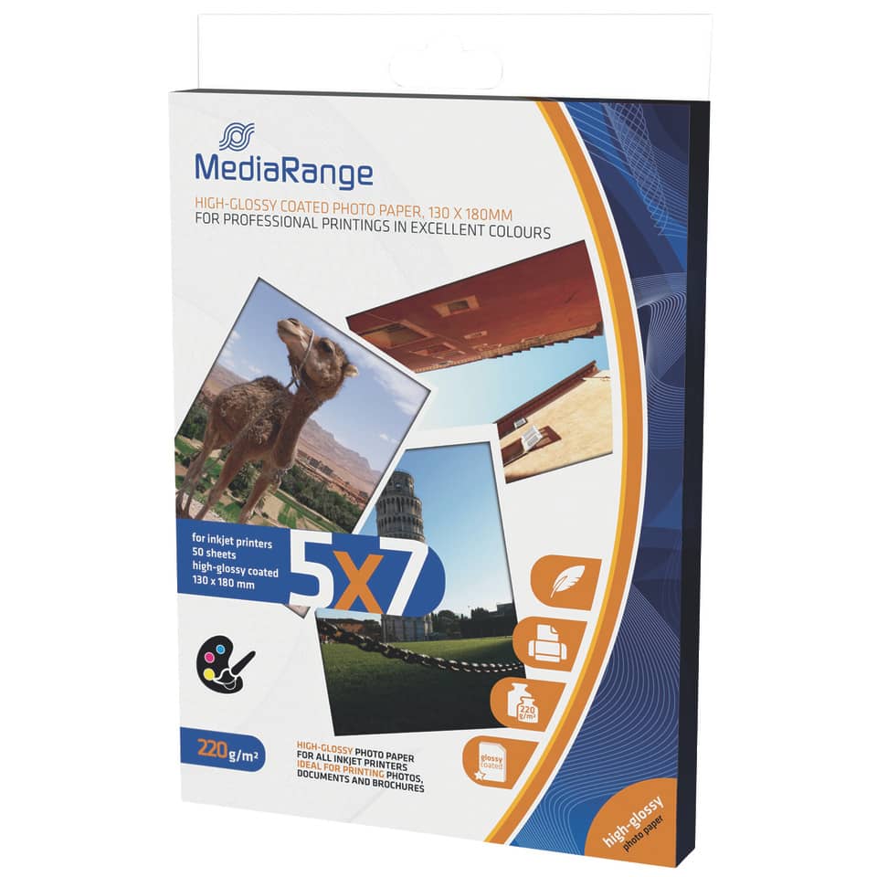 Inkjet Fotopapier - hochglänzend, 13 x 18cm, 50 Blatt, weiß MEDIARANGE MRINK114 MEDIARANGE MRINK114 220g hochglänzend