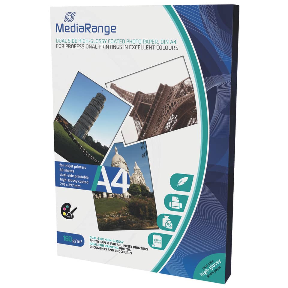 Inkjet Fotopapier 50 Blatt A4 weiß   160g hochglänzend MEDIARANGE MRINK108 MEDIARANGE MRINK108 160g hochglänzend