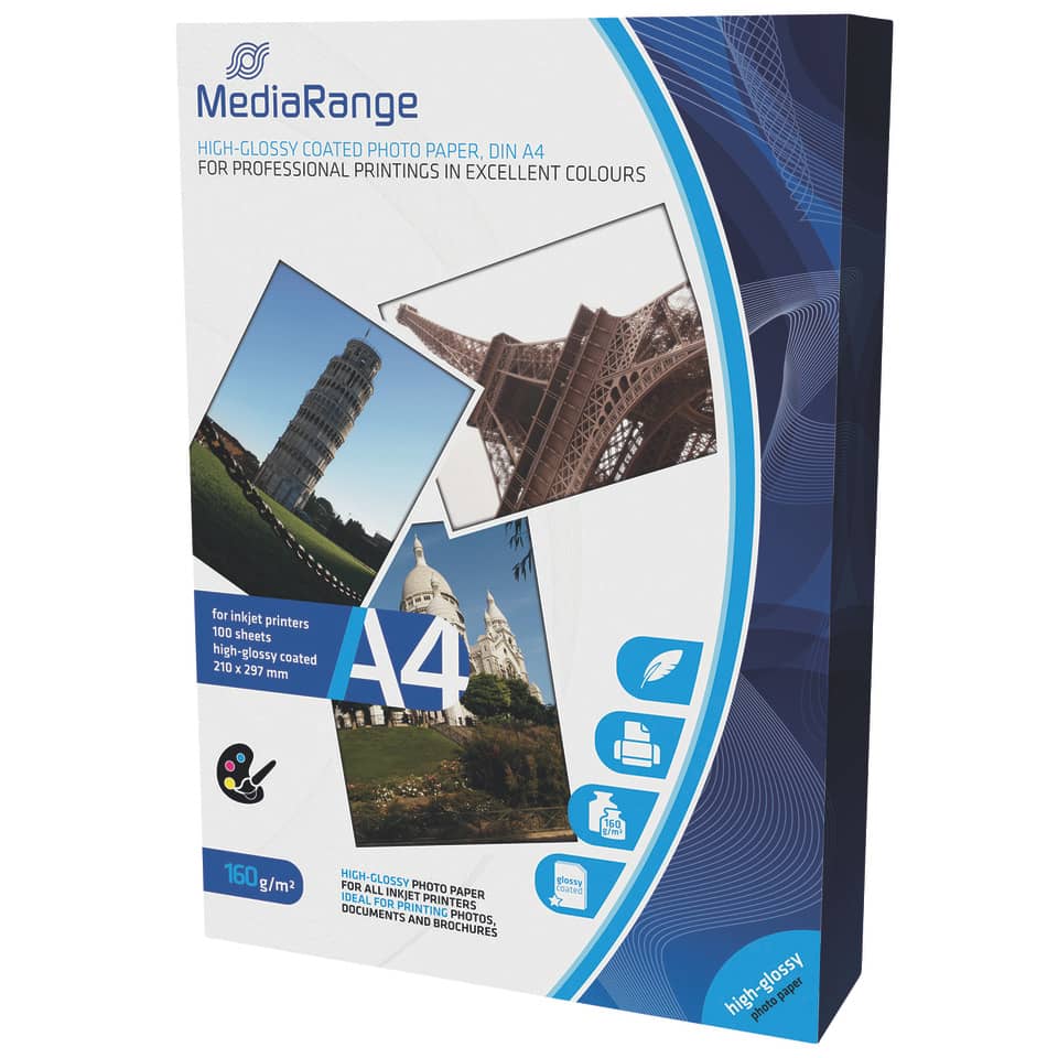 Inkjet Fotopapier 100 Blatt A4 weiß   160g hochglänzend MEDIARANGE MRINK105 MEDIARANGE MRINK105 160g hochglänzend