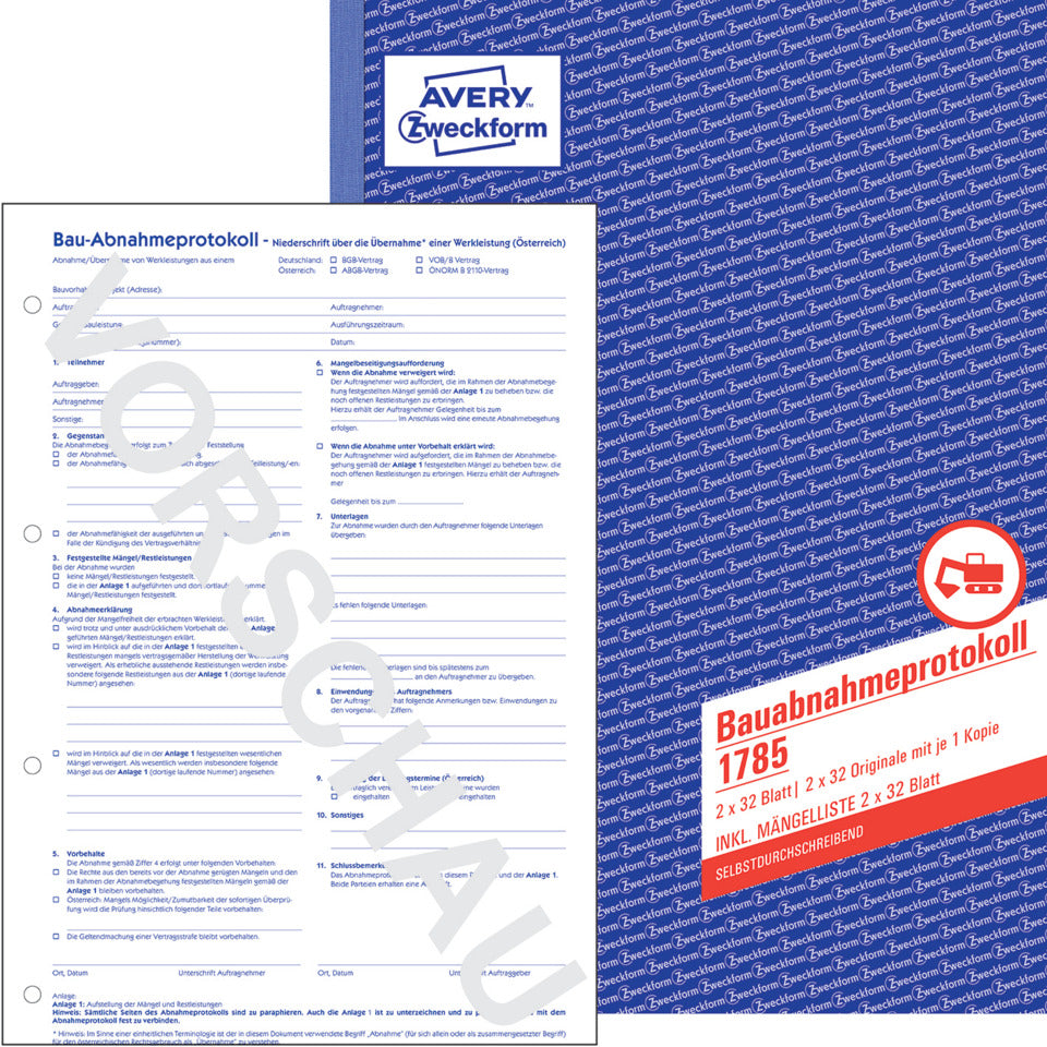 Bauabnahmeprotokoll, A4, selbstdurchschreibend, je 2x32 Blatt AVERY ZWECKFORM 1785 ZWECKFORM 1785 selbstd.
