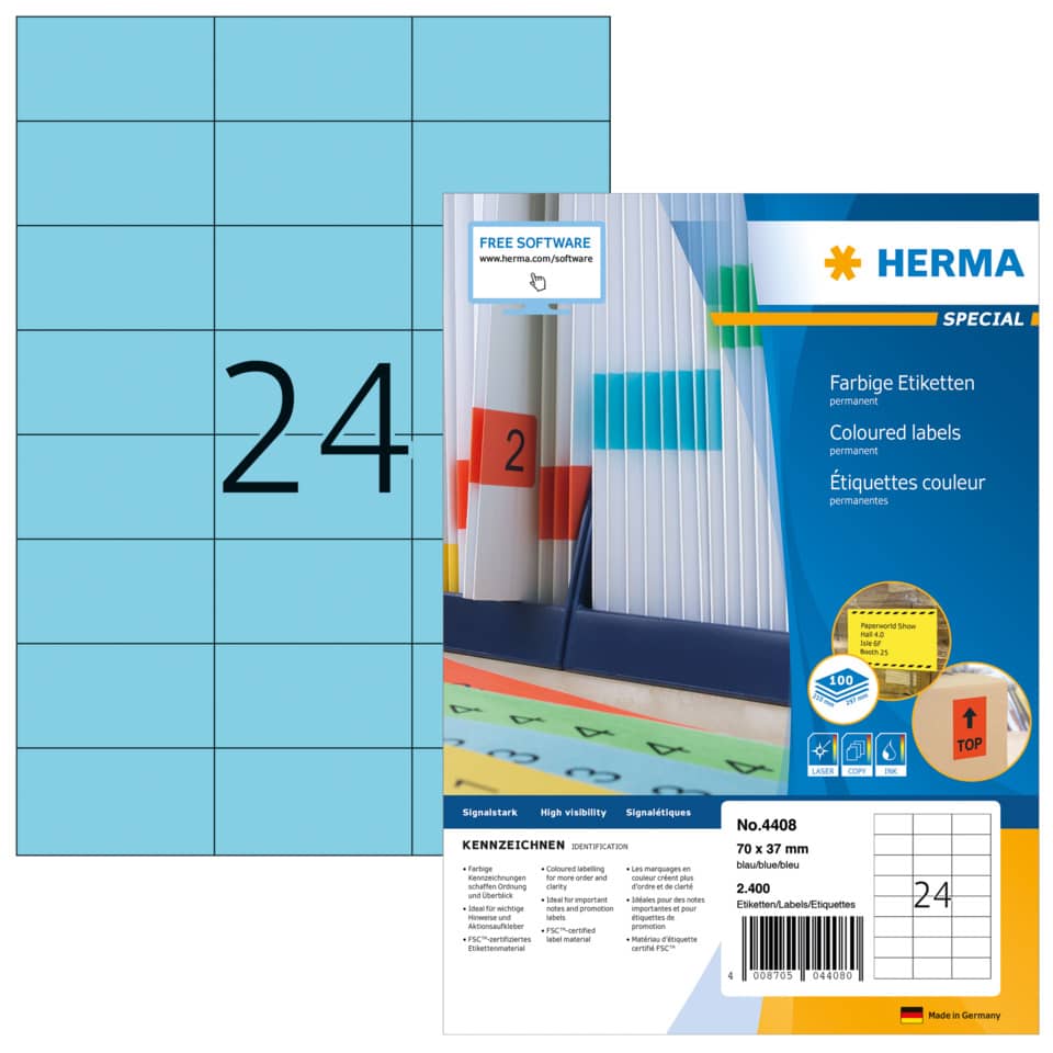 Etiketten permanent, 70x37mm, 2400 Stück, blau HERMA 4408 HERMA 4408 SuperPrint