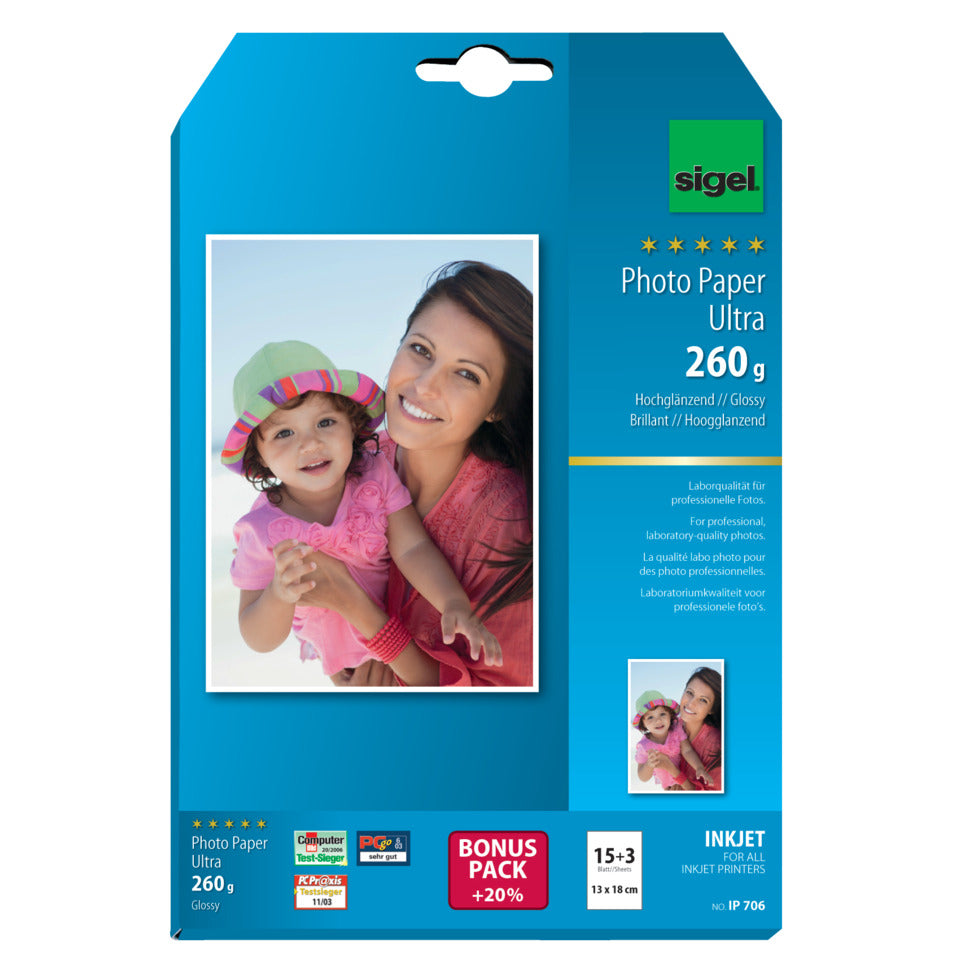 Inkjet Fotopapier Ultra, 13 x 18cm, 260g/m², 18 Blatt, hochglanz SIGEL IP706 SIGEL IP706 13x18cm 260g