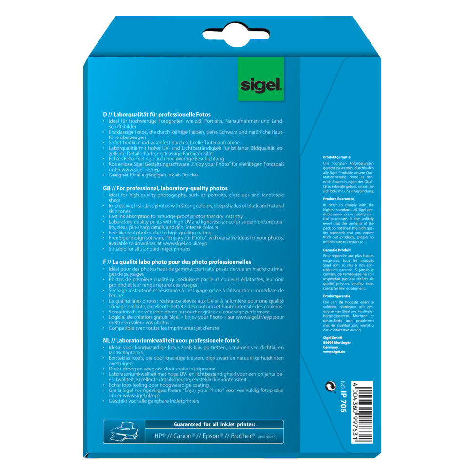 Inkjet Fotopapier Ultra, 13 x 18cm, 260g/m², 18 Blatt, hochglanz SIGEL IP706 SIGEL IP706 13x18cm 260g
