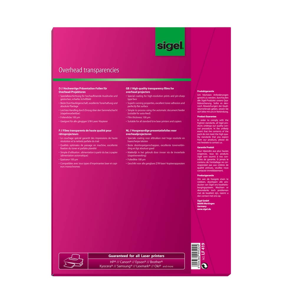 S/W-Kopier-Folie, A4, 100 Blatt SIGEL LF419 SIGEL LF419 100BL