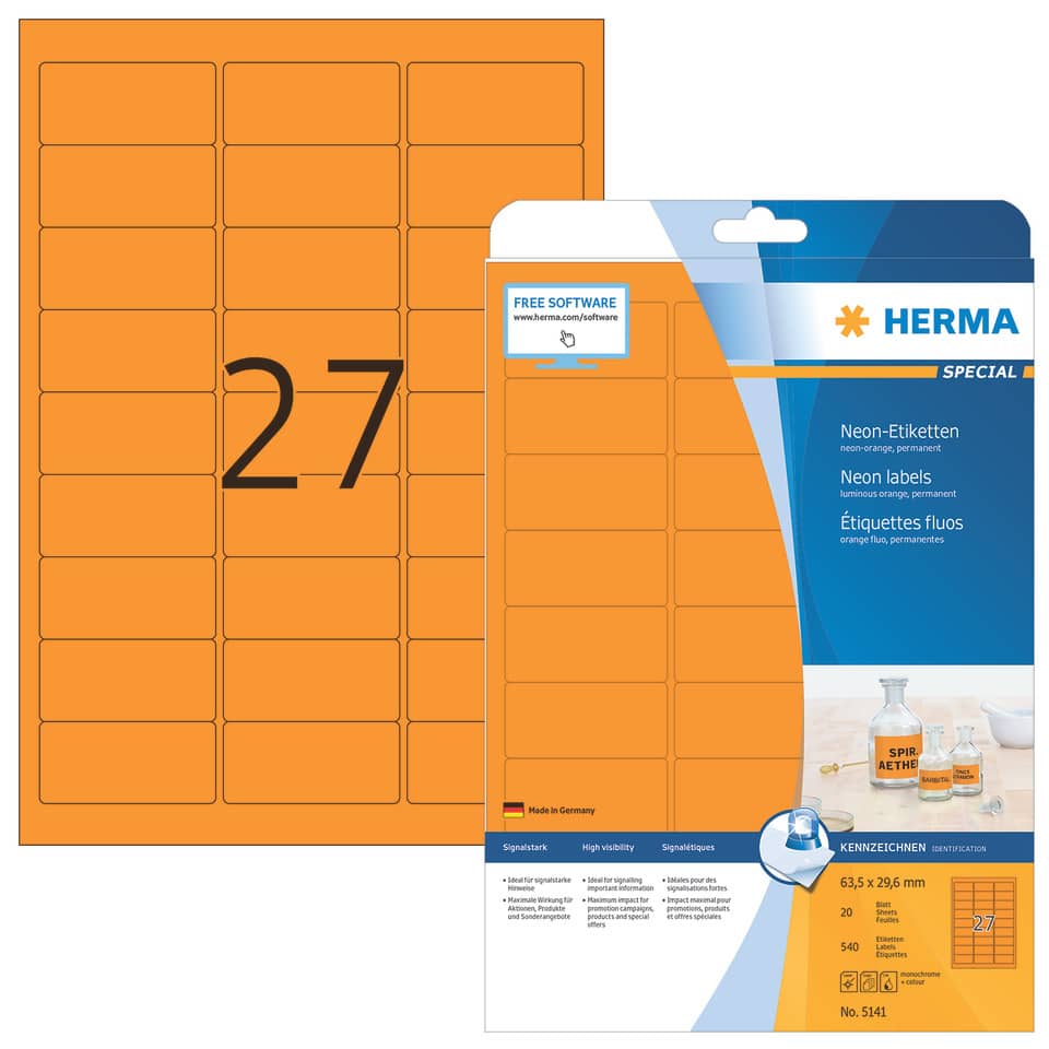 Neonetiketten permanent, 63,5x29,6mm, 540 Stück, leuchtorange HERMA 5141 HERMA 5141  675 Stück permanent haftend