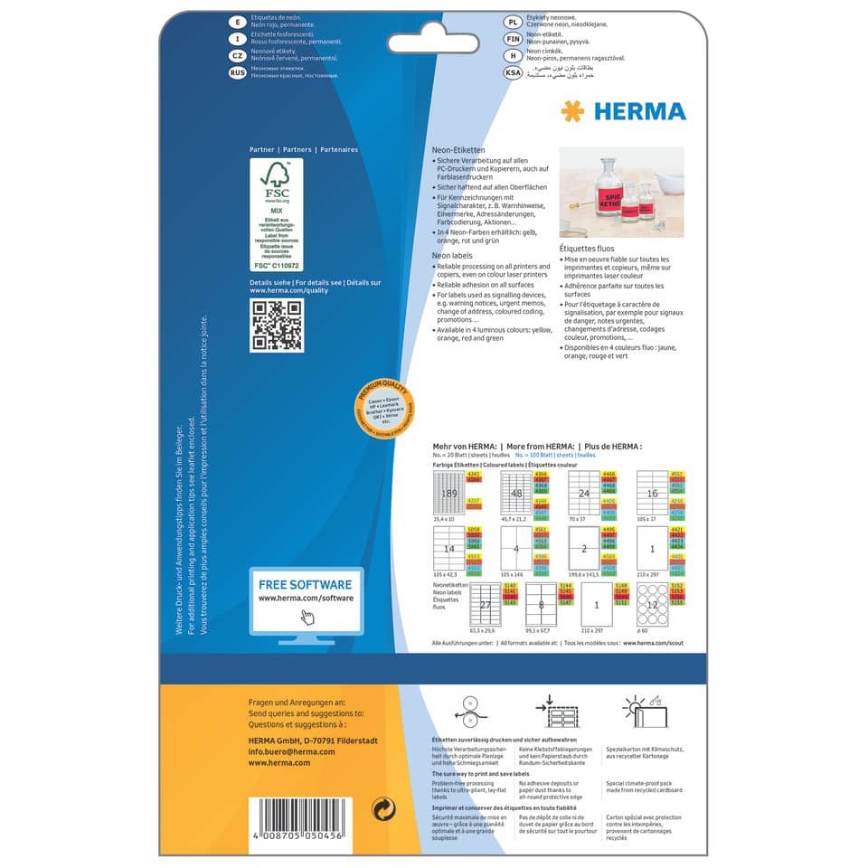 Neonetiketten permanent, 63,5x29,6mm, 540 Stück, leuchtrot HERMA 5045 HERMA 5045  540 Stück permanent haftend