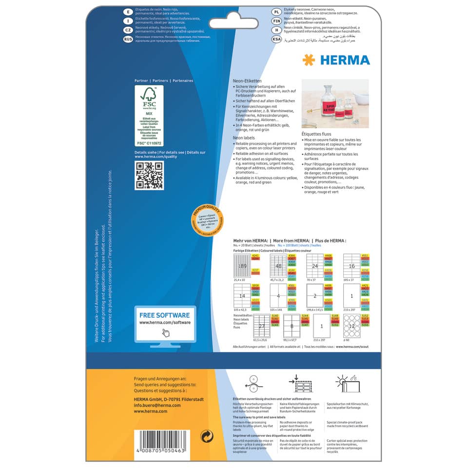 Neonetiketten permanent, 99,1x67,7mm, 160 Stück, leuchtrot HERMA 5046 HERMA 5046  160 Stück permanent haftend