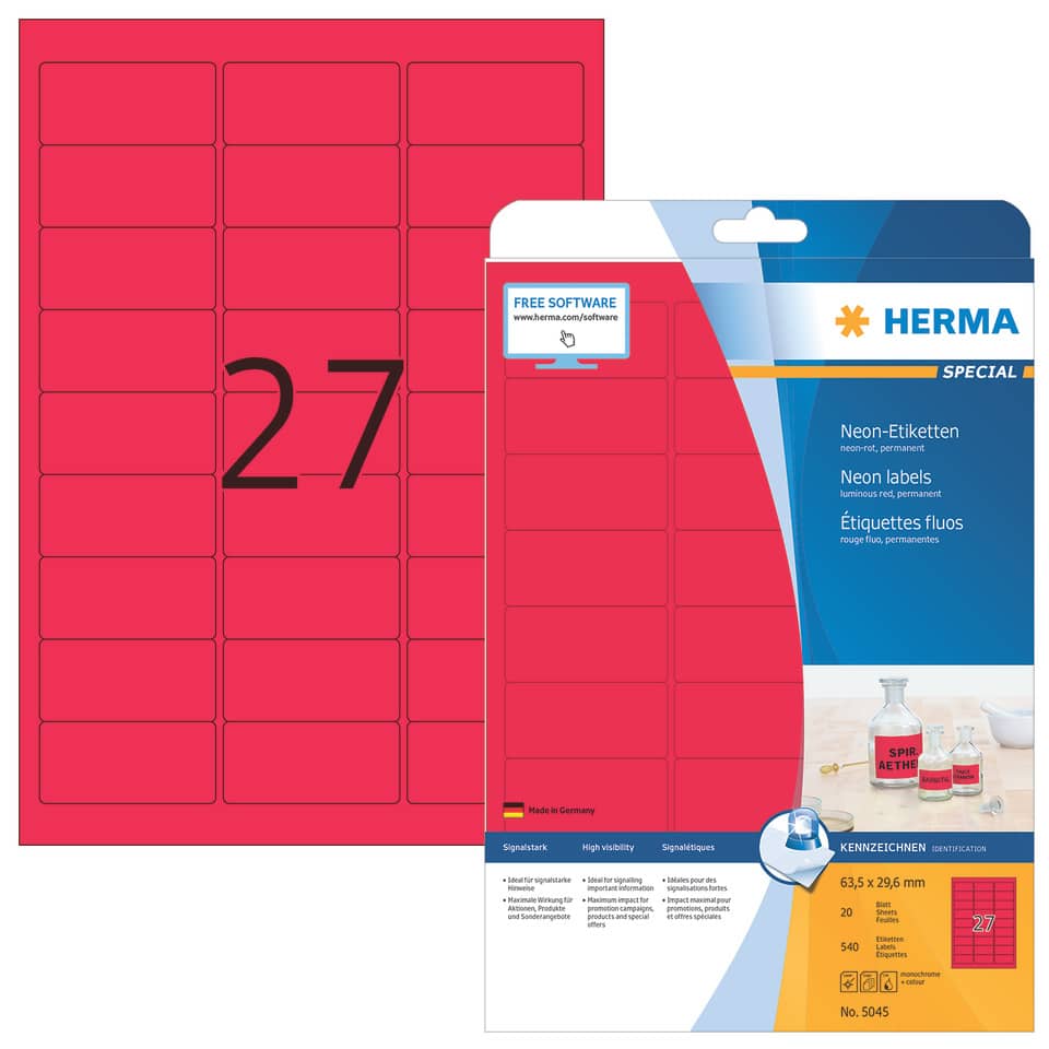Neonetiketten permanent, 63,5x29,6mm, 540 Stück, leuchtrot HERMA 5045 HERMA 5045  540 Stück permanent haftend