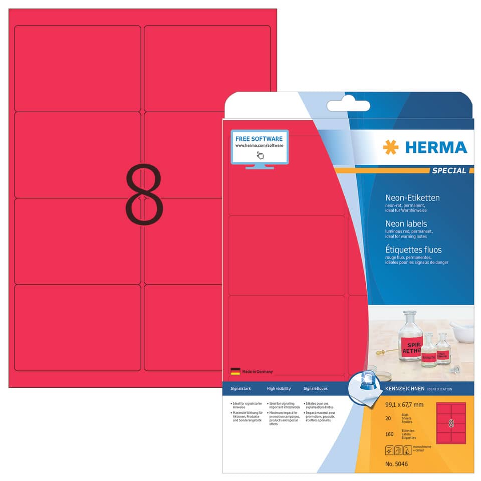 Neonetiketten permanent, 99,1x67,7mm, 160 Stück, leuchtrot HERMA 5046 HERMA 5046  160 Stück permanent haftend