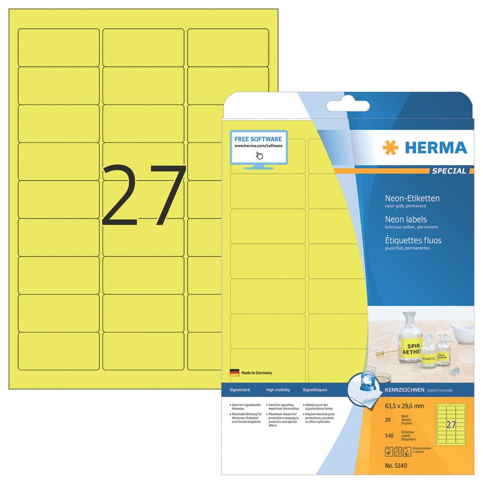 Neonetiketten permanent, 63,5x29,6mm, 540 Stück, leuchtgelb HERMA 5140 HERMA 5140  540 Stück permanent haftend