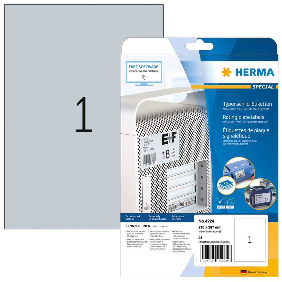 Typenschild-Etiketten extra stark, 210x297mm, wetterfest, 25 Stück, silber HERMA 4224 HERMA 4224 wetterf. 25 St. extra stark