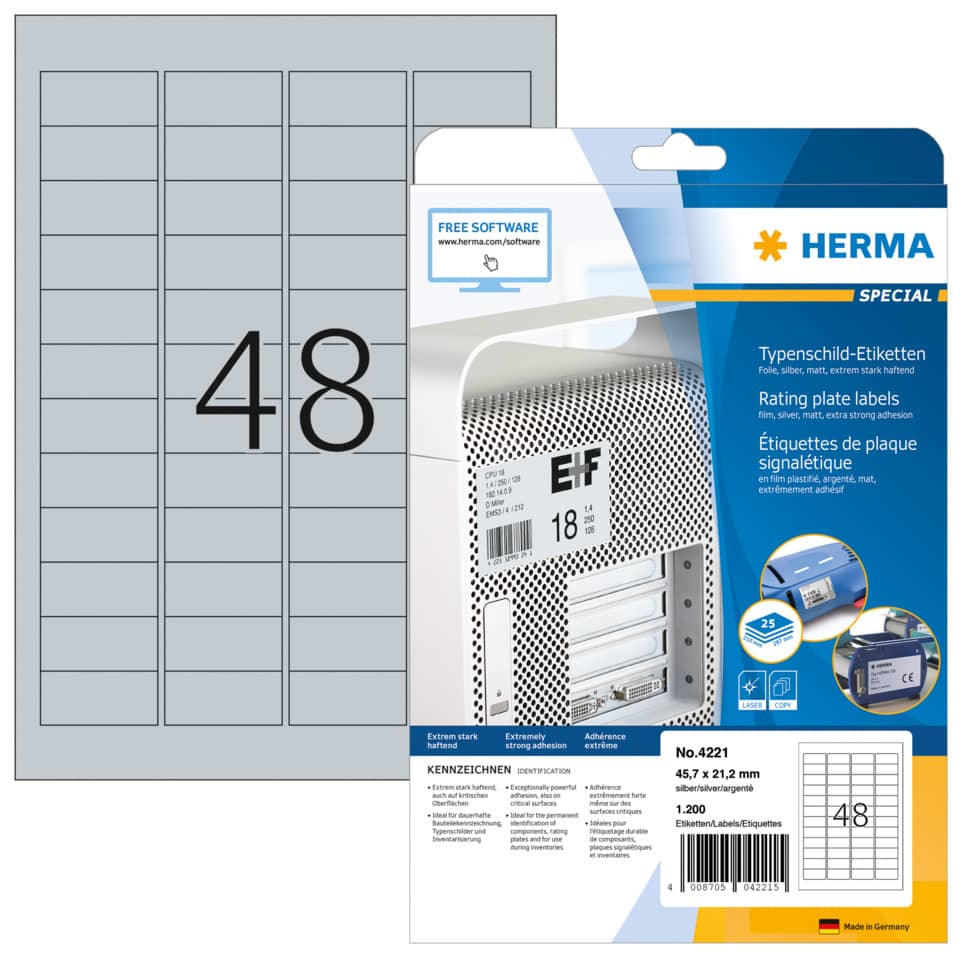 Typenschild-Etiketten extra stark, 45,7x21,2mm, wetterfest, 1200 Stück, silber HERMA 4221 HERMA 4221 wetterf. 1200 St. extra stark