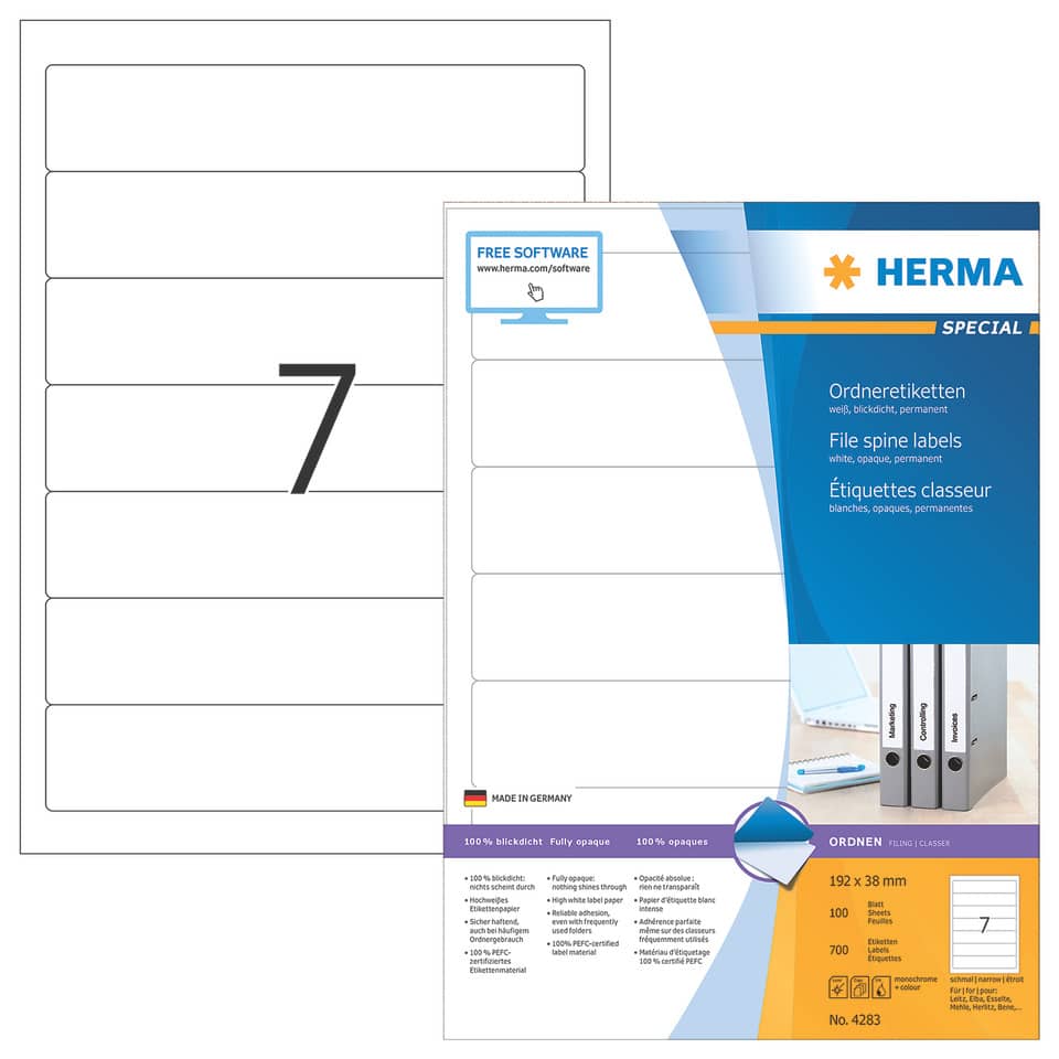 Ordnerrückenschild permanent, 38 x 192 mm, schmal/kurz, 700 Stück, weiß HERMA 4283 HERMA 4283 schmal/kurz permanent haftend
