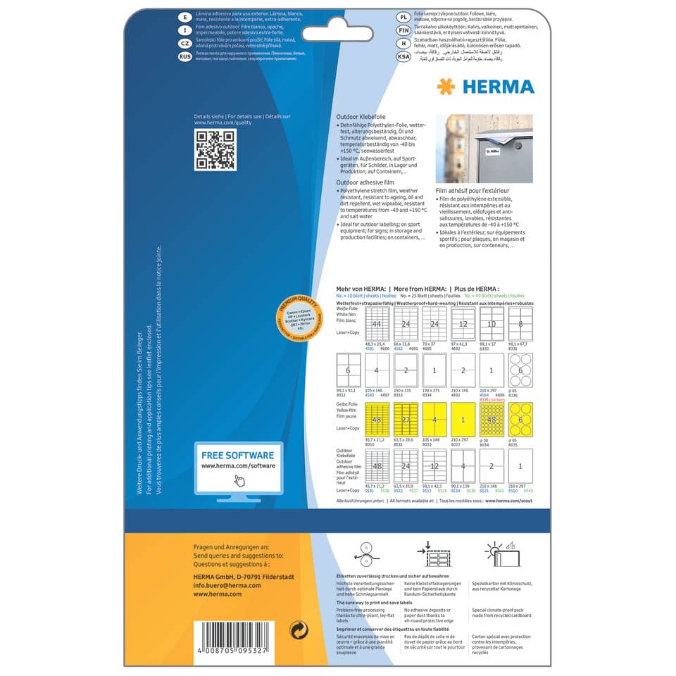 Folienetiketten stark haftend, 63,5x33,9mm, wetterfest, 240 Stück, weiß HERMA 9532 HERMA 9532 wetterf. 240 St. extra stark