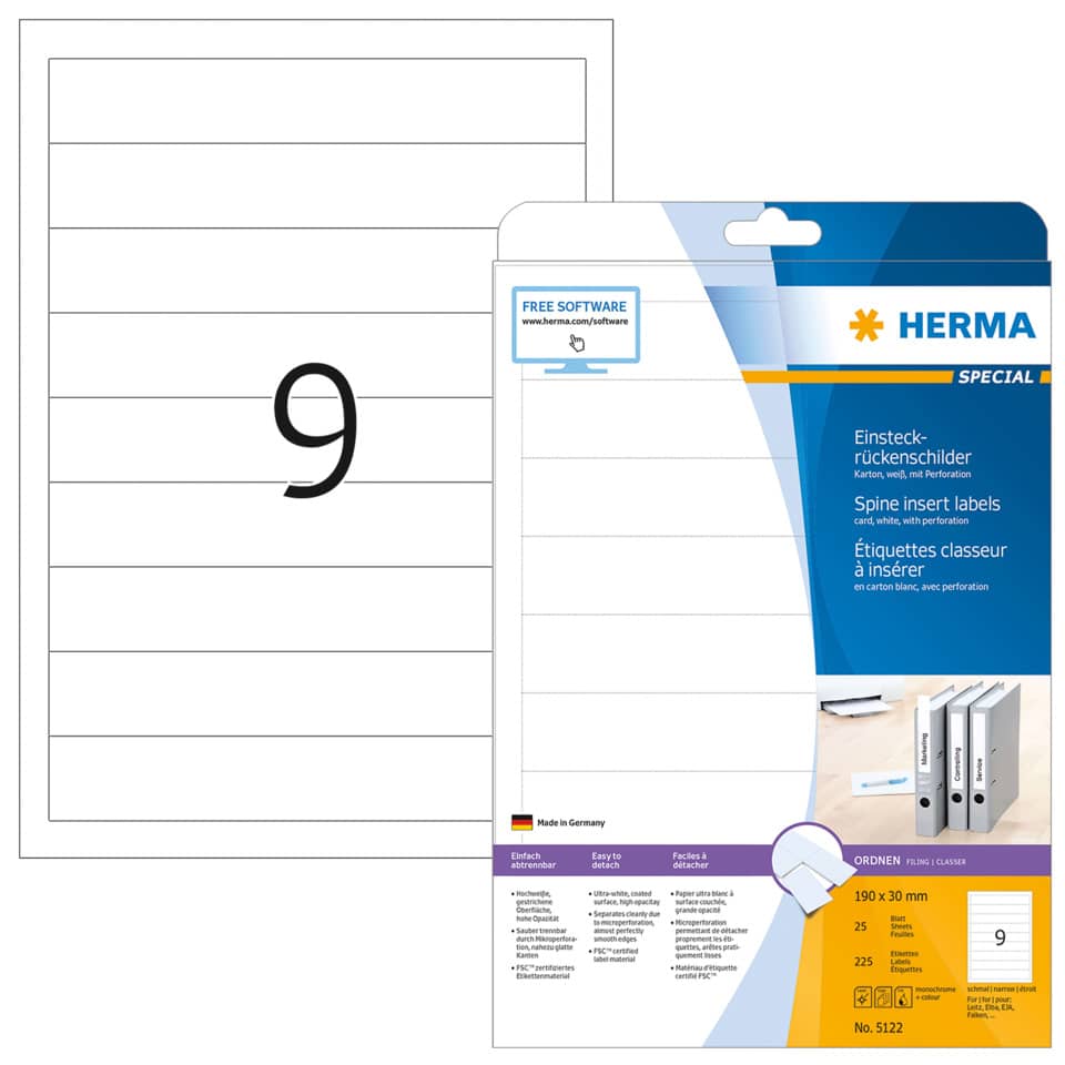 Ordnerrücken-Einsteckschild, 30 x 190 mm, schmal/kurz, 225 Stück, weiß HERMA 5122 HERMA 5122  schmal/kurz  nicht klebend