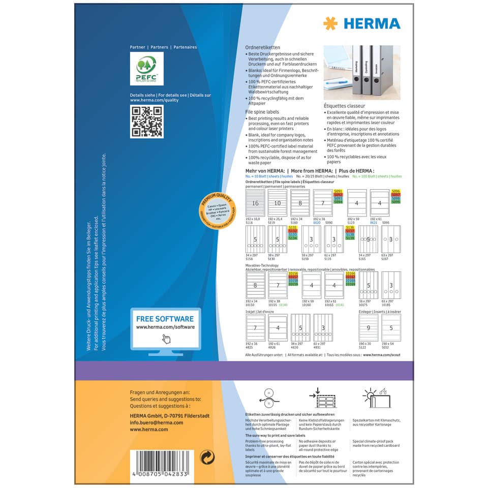 Ordnerrückenschild permanent, 38 x 192 mm, schmal/kurz, 700 Stück, weiß HERMA 4283 HERMA 4283 schmal/kurz permanent haftend