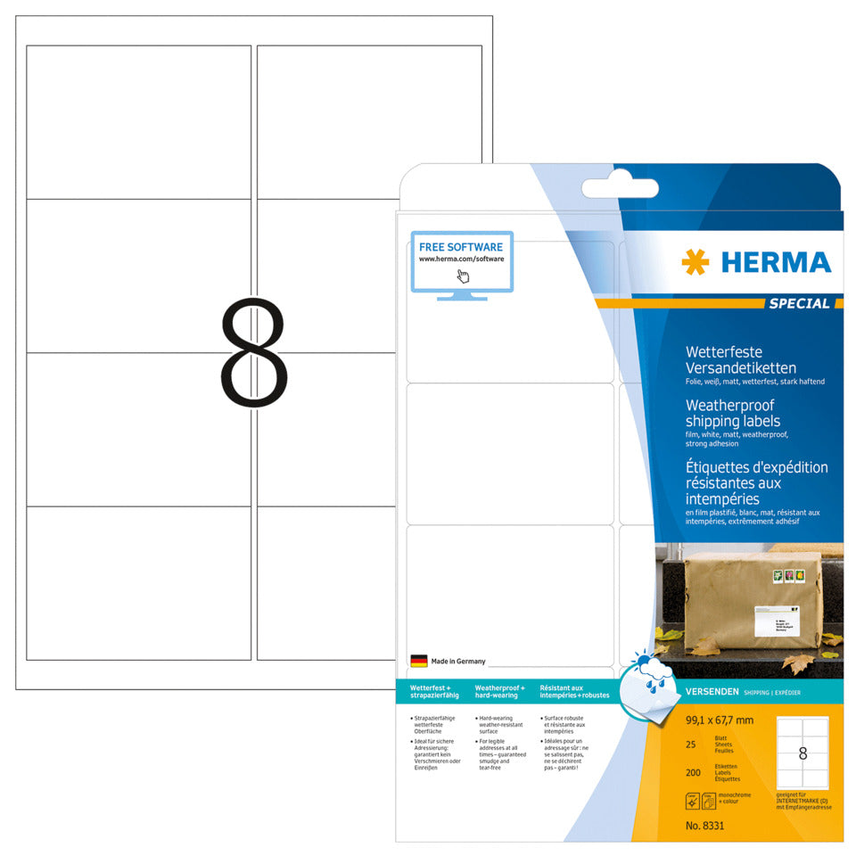 Universaletiketten stark haftend, 99,1x67,7mm, wetterfest, 200 Stück, weiß HERMA 8331 HERMA 8331 wetterfest  25x8St
