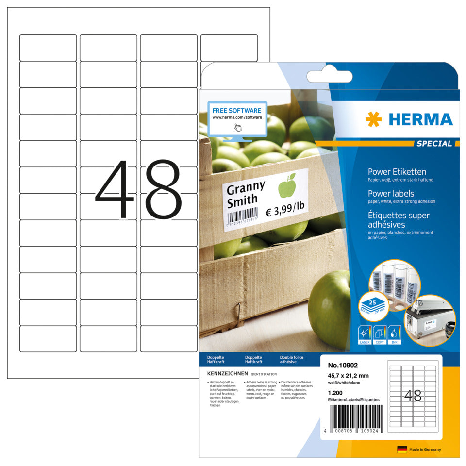 Poweretiketten stark haftend, 45,7x21,2mm, 1200 Stück, weiß  ~ HERMA 10902 HERMA 10902  25x48=1200St