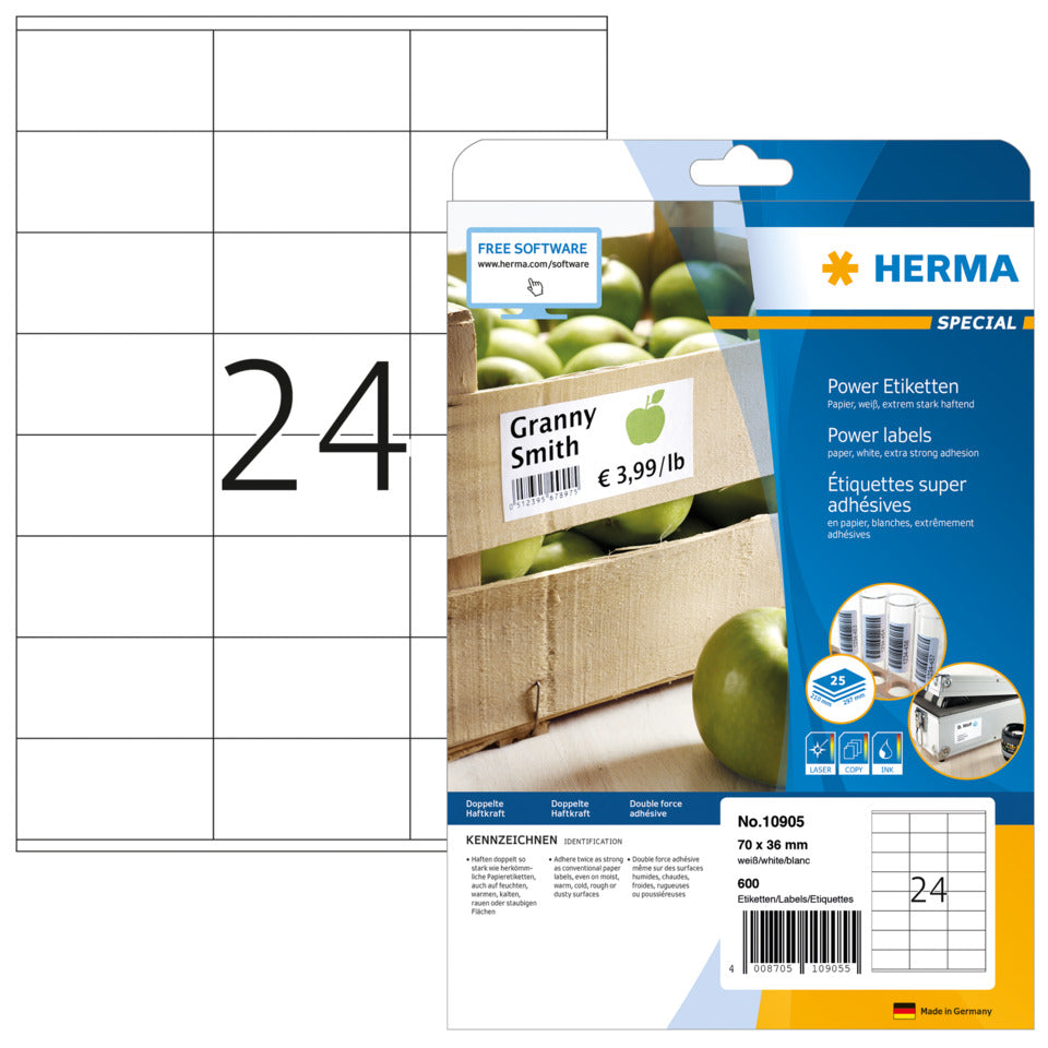 Poweretiketten stark haftend, 70x36mm, 600 Stück, weiß  ~ HERMA 10905 HERMA 10905  25x24=600St