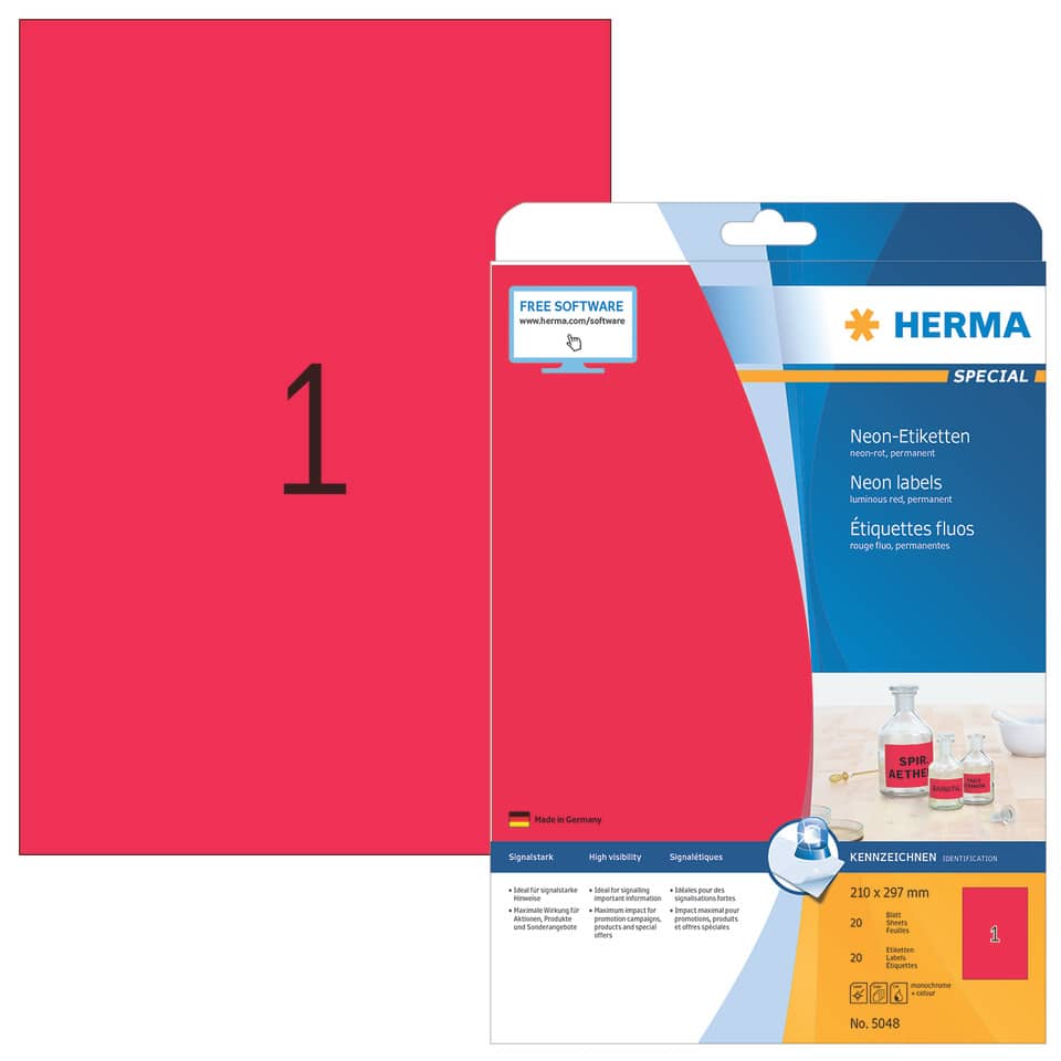 Neonetiketten permanent, 210x297mm, 20 Stück, leuchtrot HERMA 5048 HERMA 5048  20 Stück permanent haftend