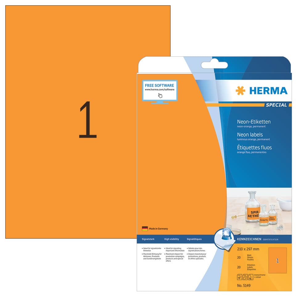 Neonetiketten permanent, 210x297mm, 20 Stück, neonorange HERMA 5149 HERMA 5149  20 Stück permanent haftend