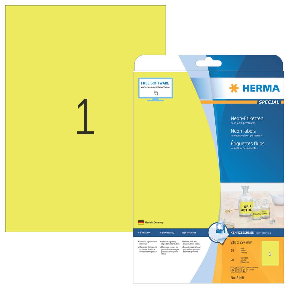 Neonetiketten permanent, 210x297mm, 20 Stück, neongelb HERMA 5148 HERMA 5148  20 Stück permanent haftend