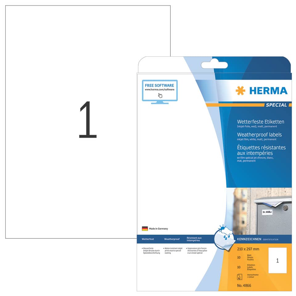 Inkjet-Etiketten permanent, 210x297mm, wasserfest, 10 Stück, weiß HERMA 4866 HERMA 4866 wasserfest 10 St. permanent