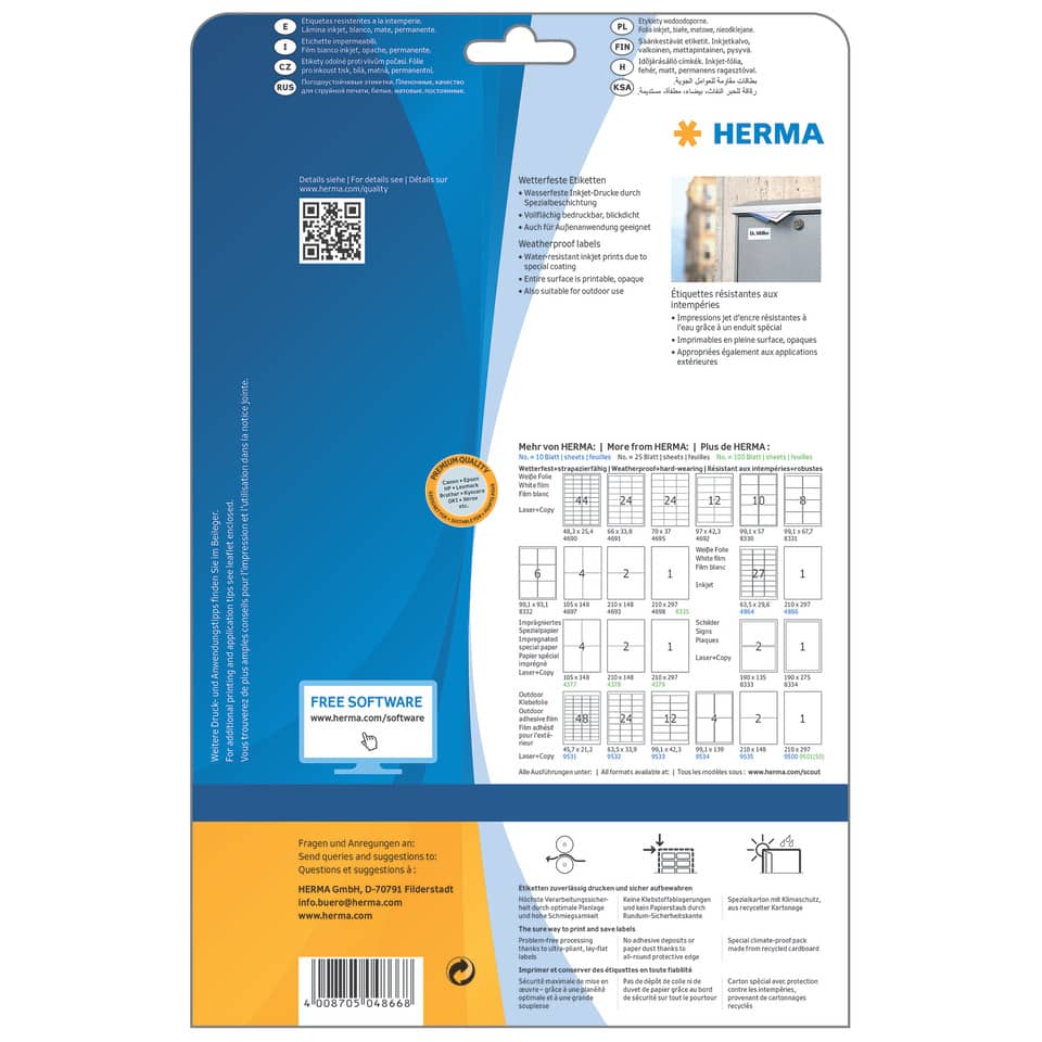 Inkjet-Etiketten permanent, 210x297mm, wasserfest, 10 Stück, weiß HERMA 4866 HERMA 4866 wasserfest 10 St. permanent