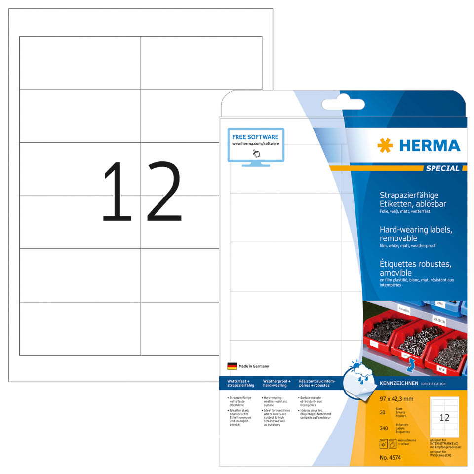Wetterfeste Folien-Etiketten A4, 97,0 x 42,3 mm, weiß, wiederablösbar HERMA 4574 HERMA 4574 Outdoor