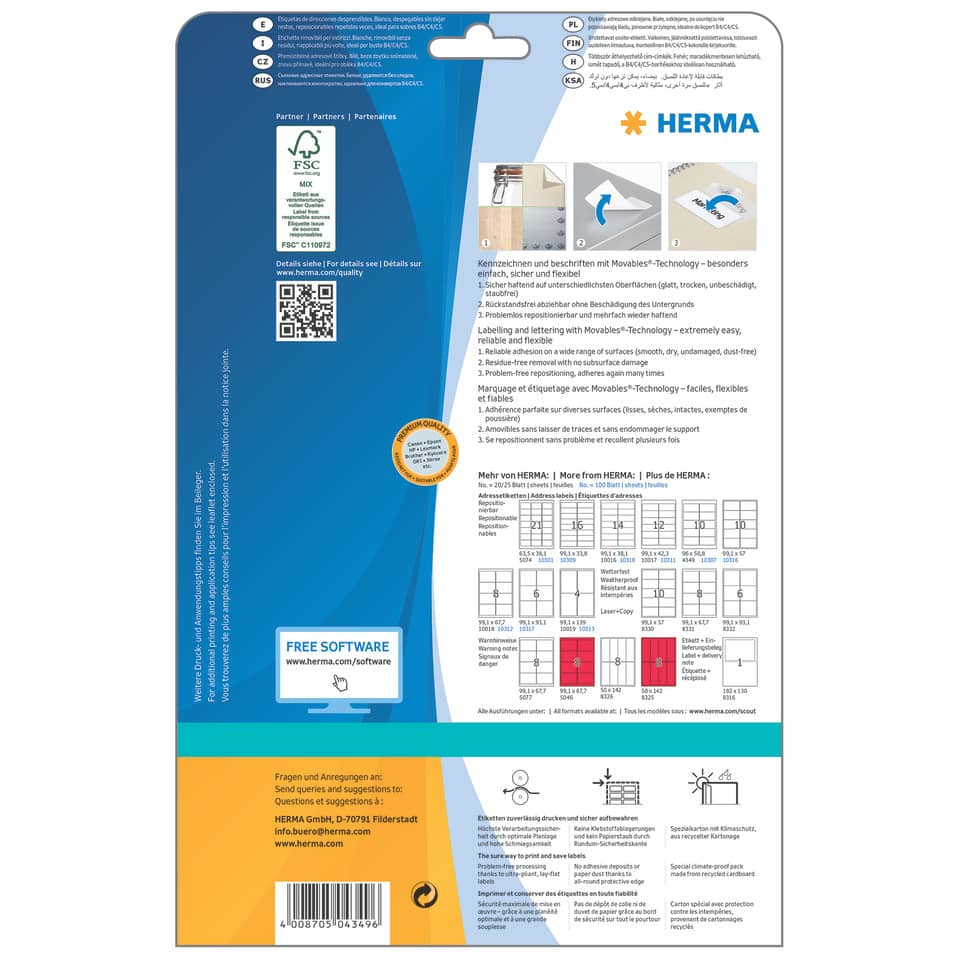 Adressetiketten ablösbar, 96x50,8mm, 250 Stück, weiß HERMA 4349 HERMA 4349  250 Stück ablösbar