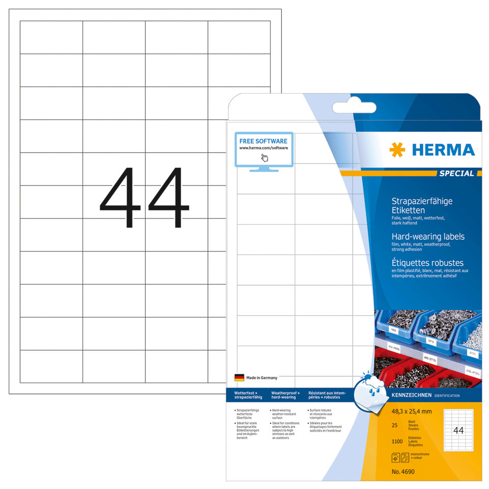 Folienetiketten stark haftend, 48,3x25,4mm, wetterfest, 1100 Stück, weiß HERMA 4690 HERMA 4690 wetterf. extra stark haft.