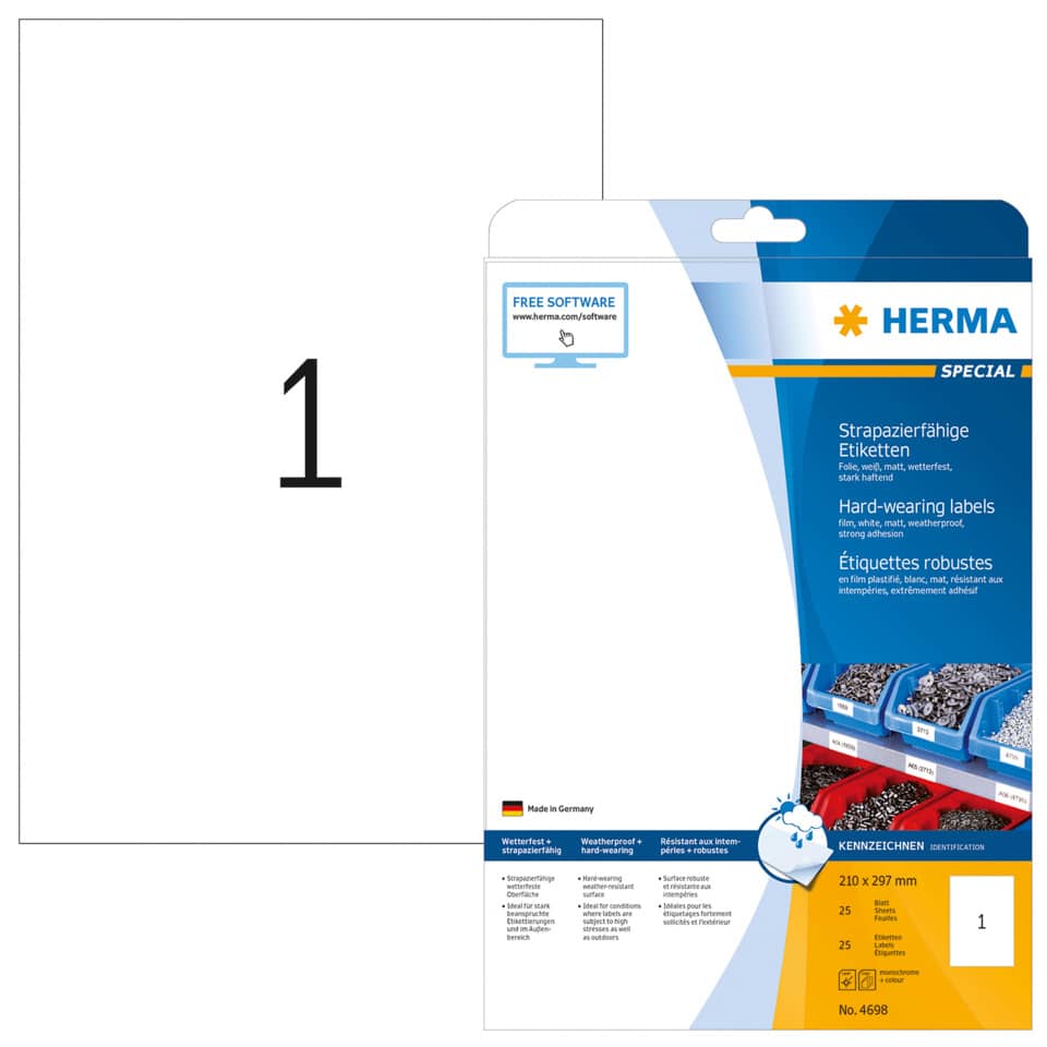 Folienetiketten stark haftend, 210x297mm, wetterfest, 25 Stück, weiß HERMA 4698 HERMA 4698 SuperPrint