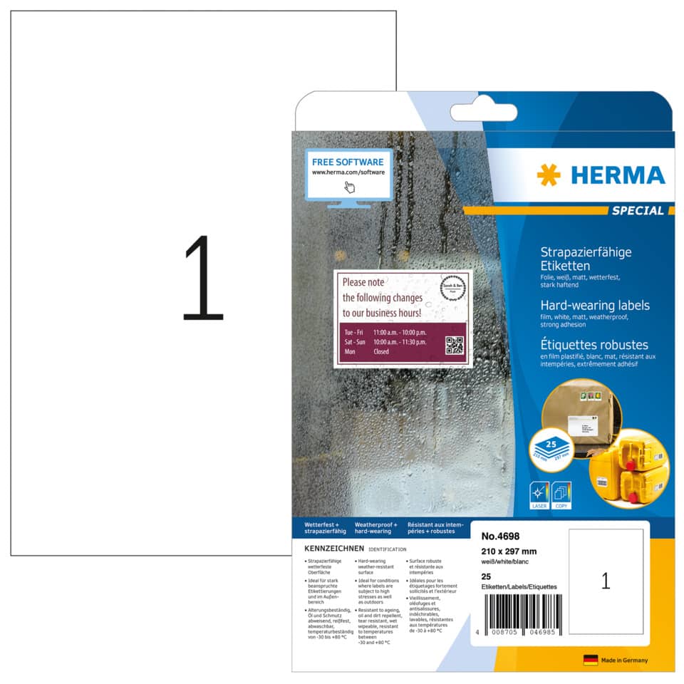 Folienetiketten stark haftend, 210x297mm, wetterfest, 25 Stück, weiß HERMA 4698 HERMA 4698 SuperPrint