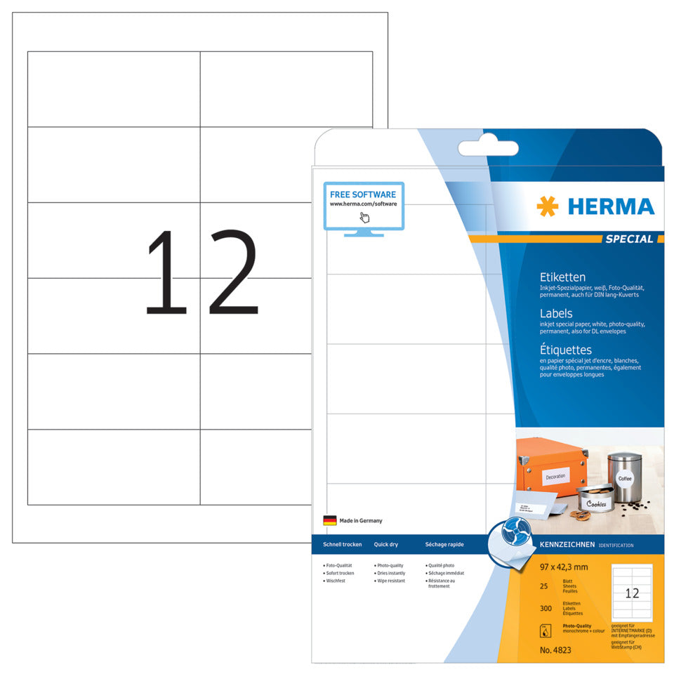 Inkjet-Etiketten permanent, 96,5x42,3mm, 300 Stück, weiß HERMA 4823 HERMA 4823 A4