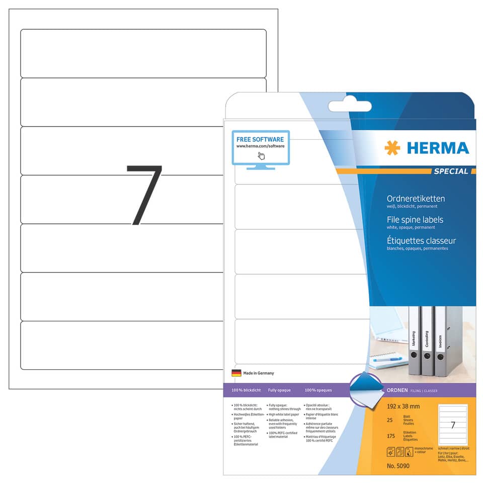 Ordnerrückenschild permanent, 38 x 192 mm, schmal/kurz, 175 Stück, weiß HERMA 5090 HERMA 5090  schmal permanent haftend