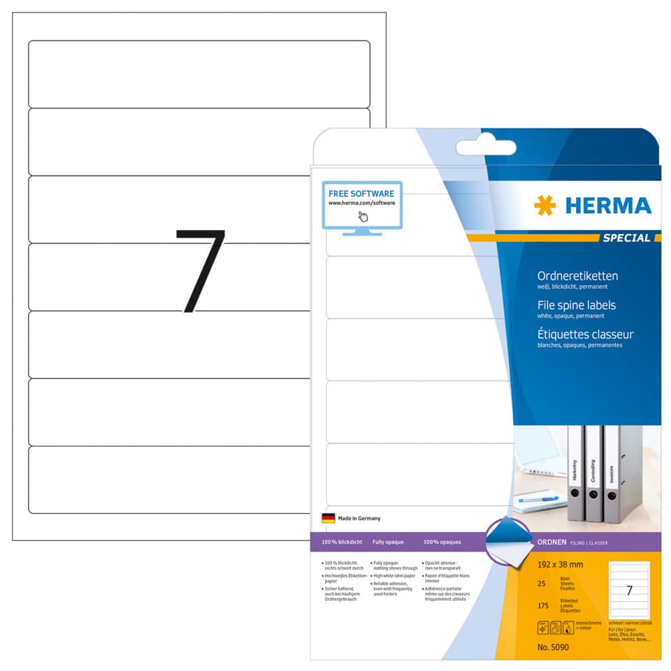 Ordnerrückenschild permanent, 38 x 192 mm, schmal/kurz, 175 Stück, weiß HERMA 5090 HERMA 5090  schmal permanent haftend