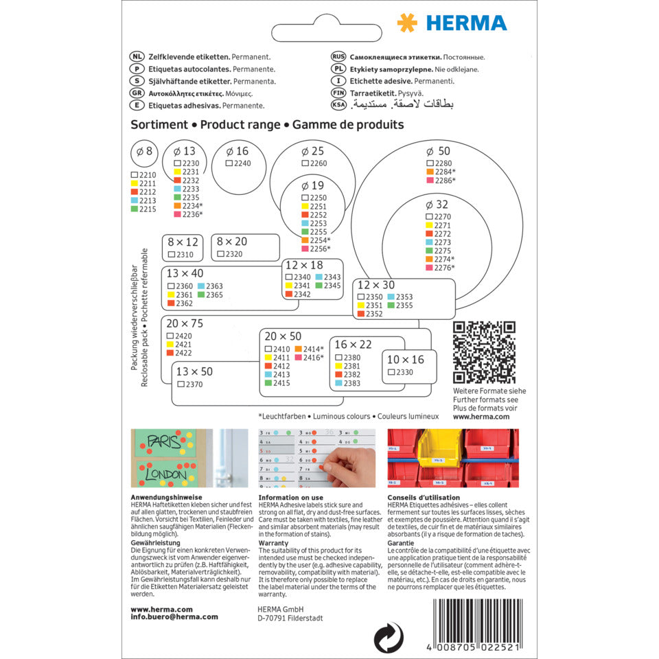Etiketten permanent, Ø19mm, 1280 Stück, rot HERMA 2252 HERMA 2252 1280 Stück permanent haftend