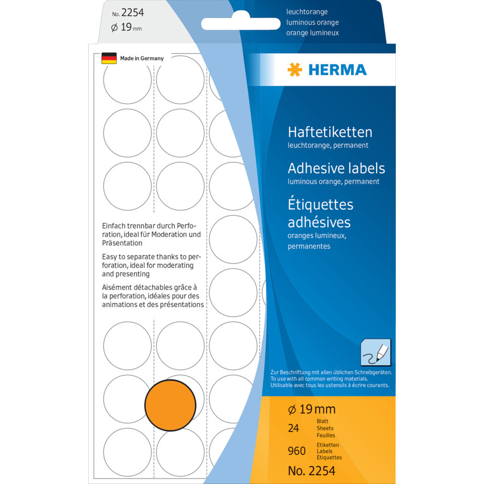Etiketten permanent, Ø19mm, 960 Stück, leuchtorange HERMA 2254 HERMA 2254 Farbpunkte