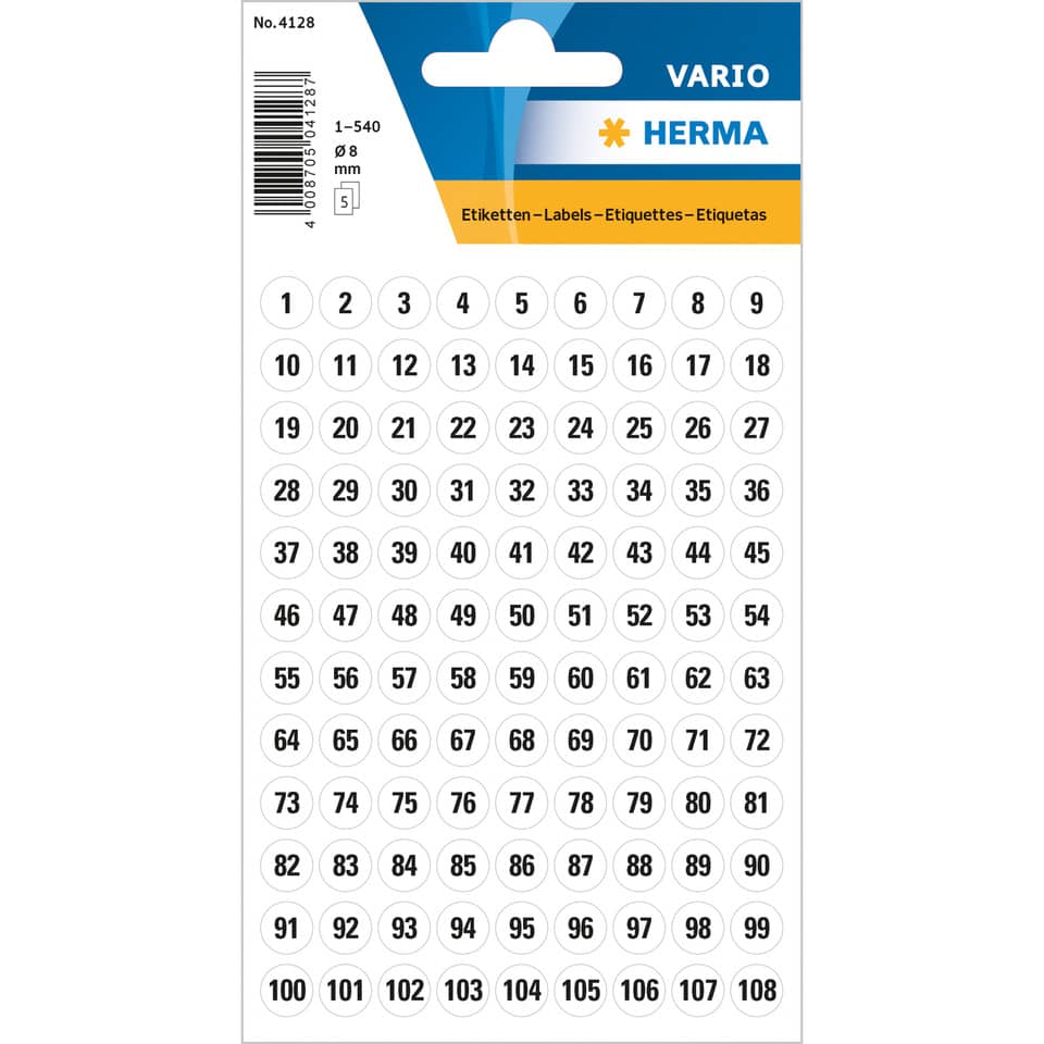 Zahlenetiketten 1-540, Ø8cm, 5 Blatt, schwarz HERMA 4128 HERMA 4128 8mm