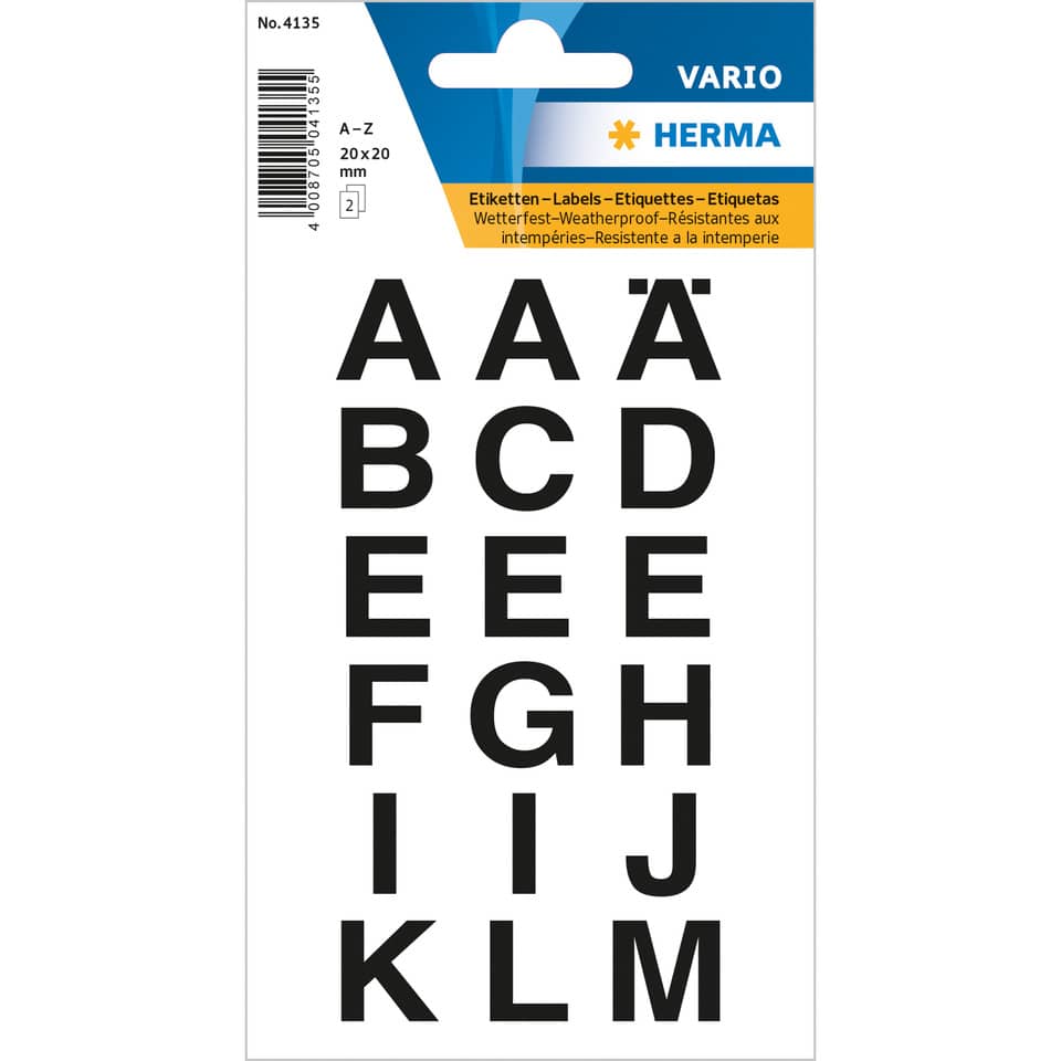 Buchstabenetikett A-Z, 20x20mm, wetterfest, 36 Stück, schwarz HERMA 4135 HERMA 4135/A-Z 20x20