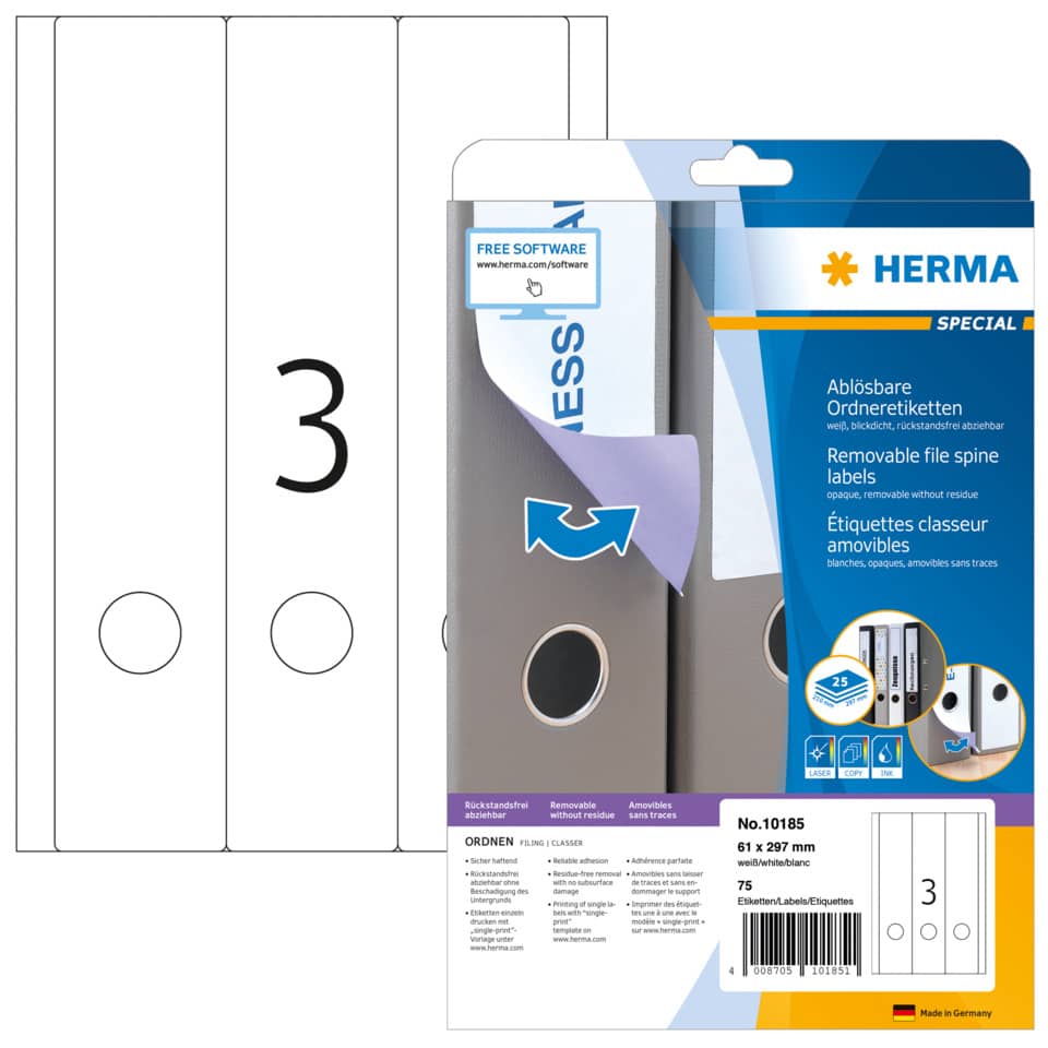 Ordnerrückenschild ablösbar, 61 x 297 mm, breit/lang, 75 Stück, weiß HERMA 10185 HERMA 10185 breit/lang ablösbar 75 St.